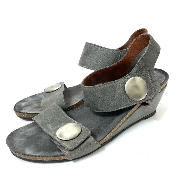Taos Footwear Carousal 2 Grey Leather Cork Wedge Sandals